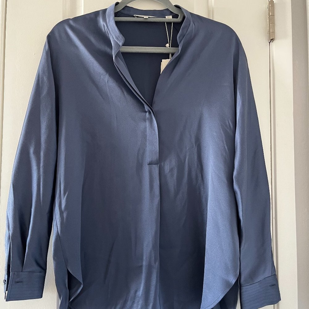 Vince Navy Blue Silk Band-Collar Blouse Size XS
